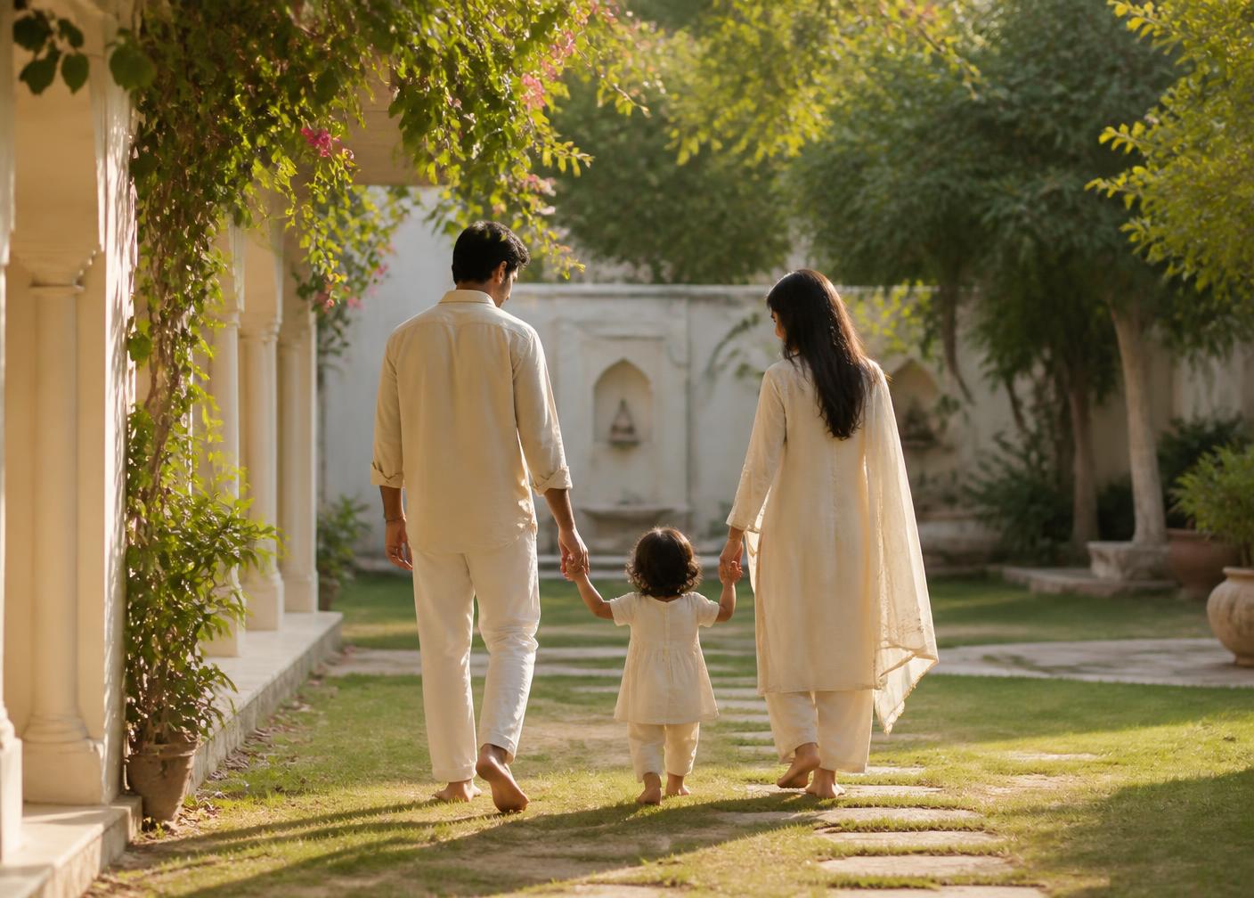 A family walking together through a sunlit garden courtyard