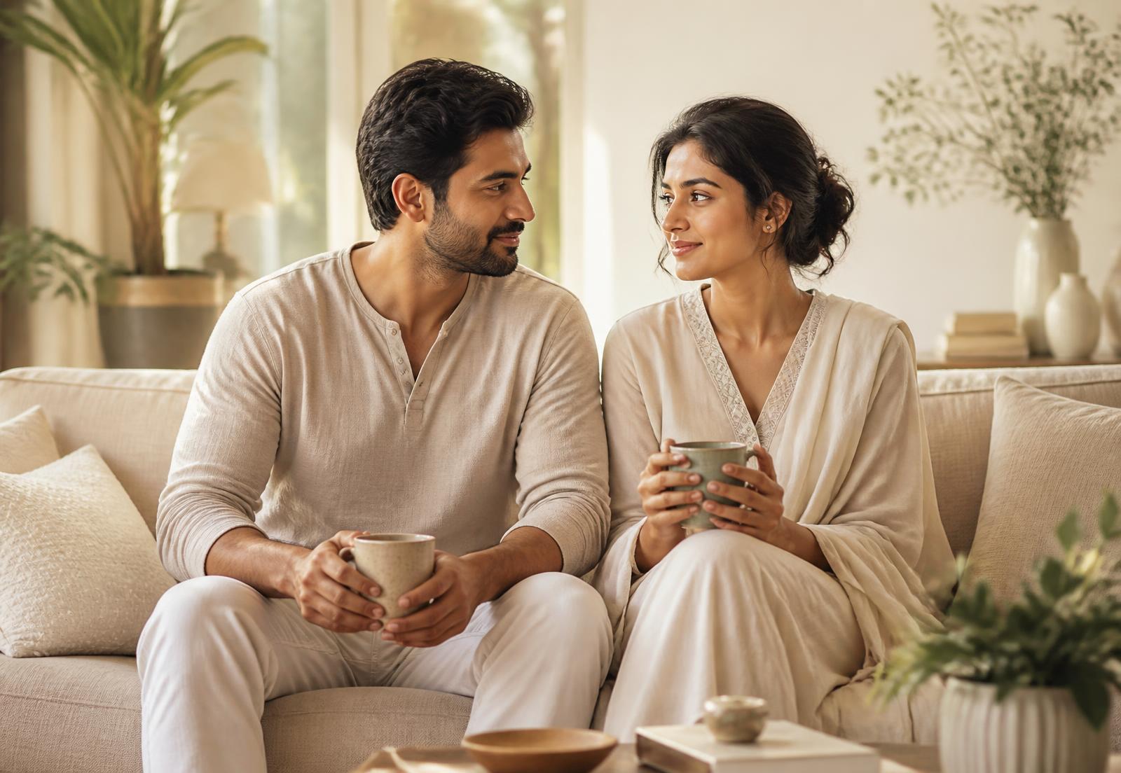 A couple sitting together at home with cups of tea, in conversation