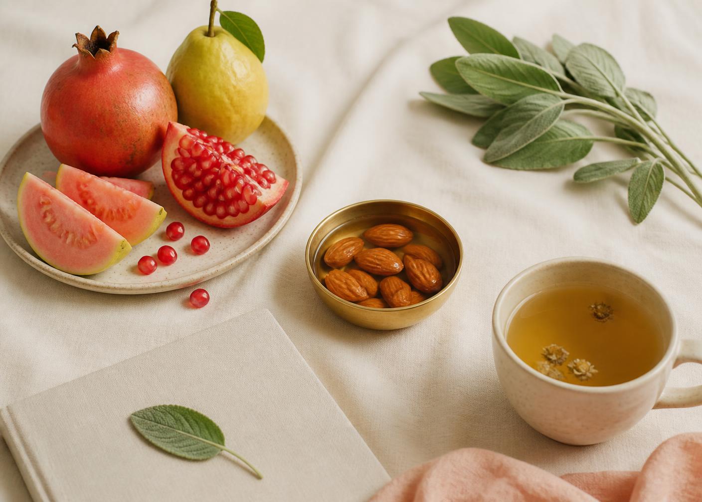 Fresh fruit, soaked almonds, herbal tea and a notebook arranged on cream linen